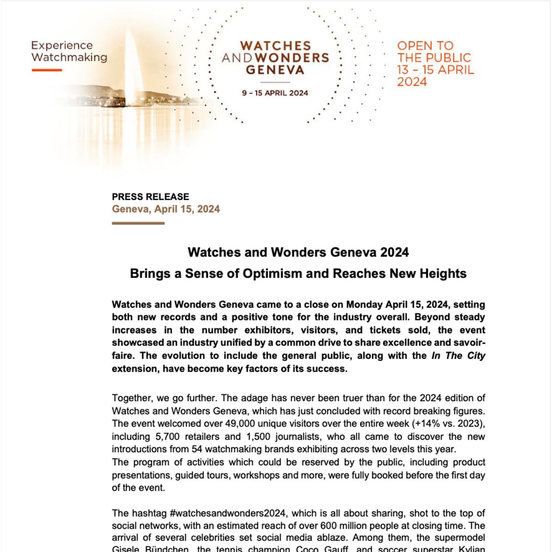 15.04.2024 - Watches and Wonders Geneva 2024 brings a sense of optimism and reaches new heights