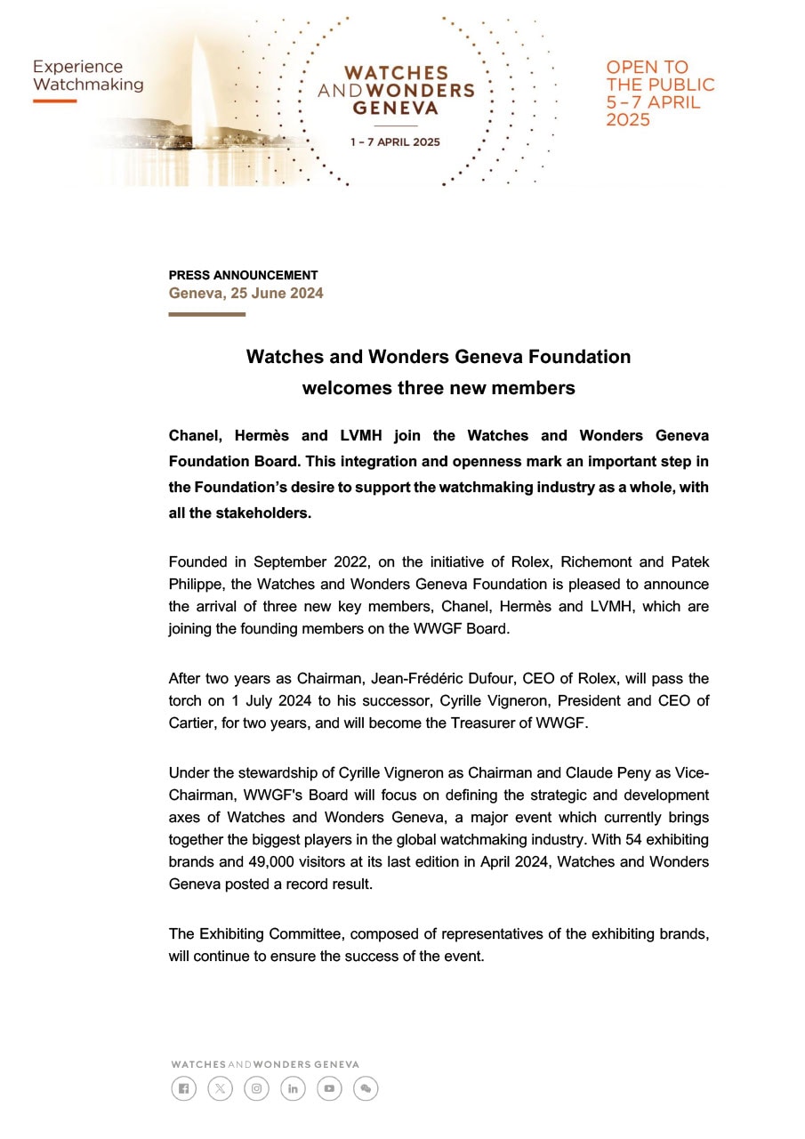 25.06.2024 - Watches and Wonders Geneva Foundation welcomes three new members