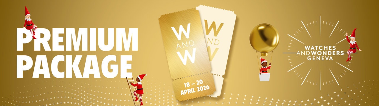 an image to which main text shows : "Premium experience" with the dates of 18 to 20 april and a button displaying "discover now" for the Watches and Wonders 2026 Salon in Geneva Palexpo