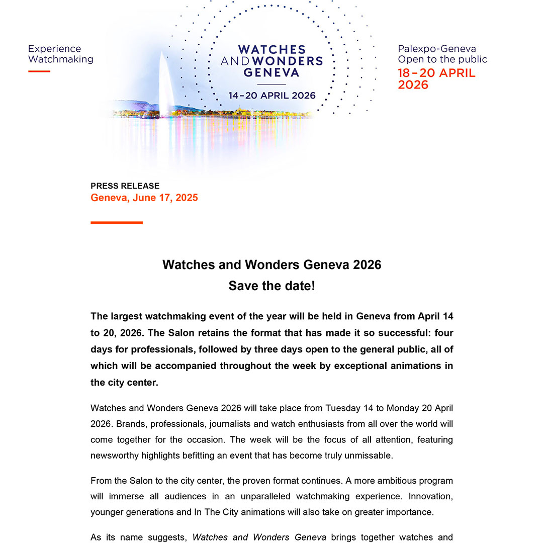 17.06.2026 - Watches and Wonders Geneva 2026 - Save the date!
