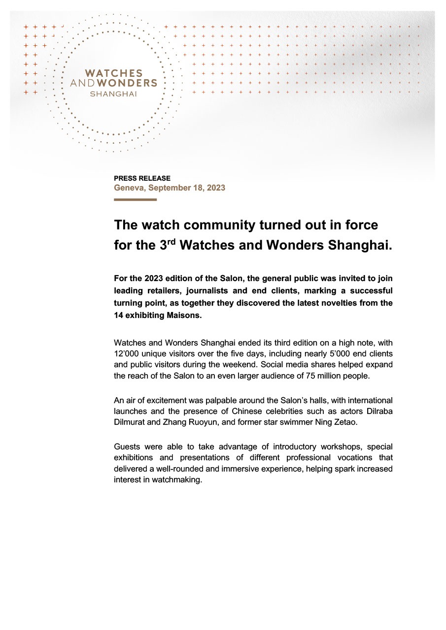 18.09.2023 - The watch community turned out in force for the 3rd Watches and Wonders Shanghai