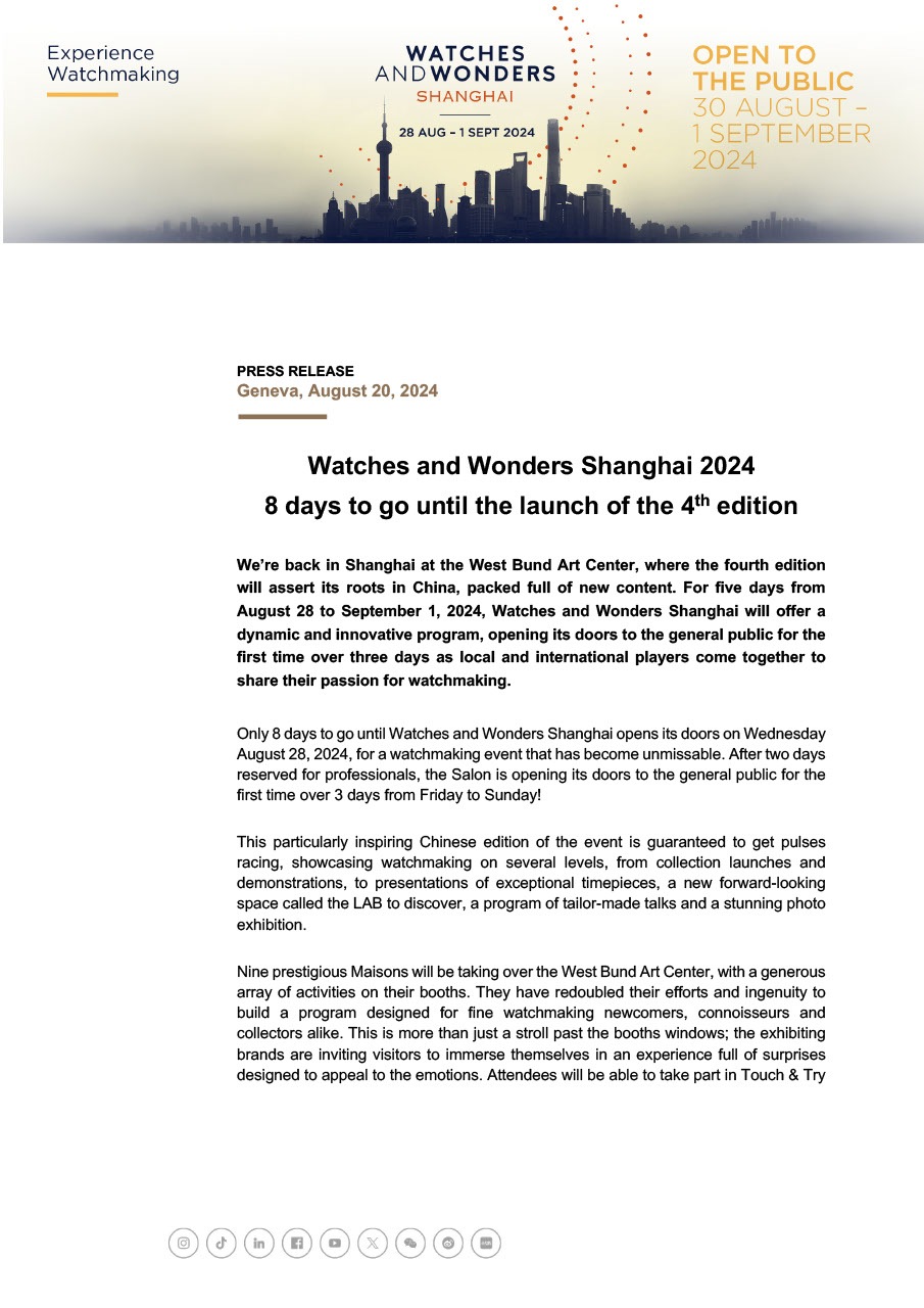 20.08.2024 - Watches and Wonders Shanghai 2024: 8 days to go until the launch of the 4th edition